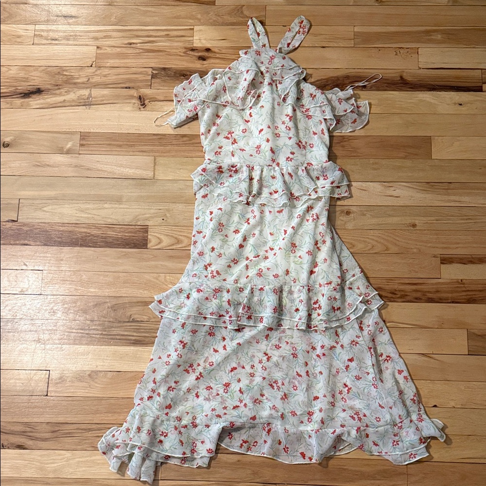 Midi Floral Ruffle Dress - Cream with Coral Floral
